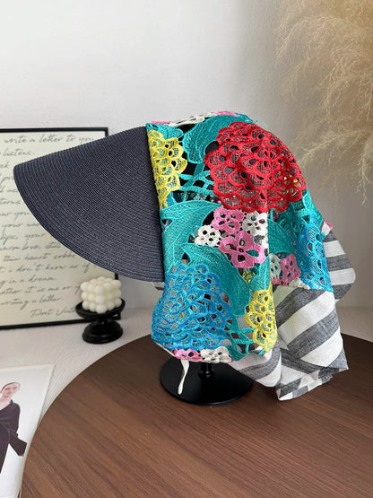 Japan Customize Women UV Paper Straw Sun Hat Hollow Lace Embroidered Headscarf Wide Brim Beach Visor Cap Summer Leisure Travel