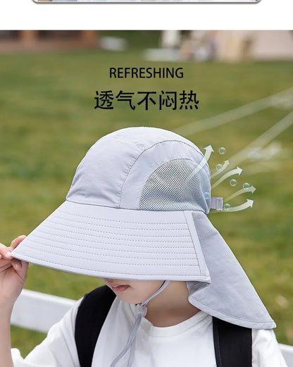 Kids Sun Hat with Neck Flap UV Protection Summer Toddler Beach Hat Unisex Ponytail Hat Wide Brim Fishing Hat