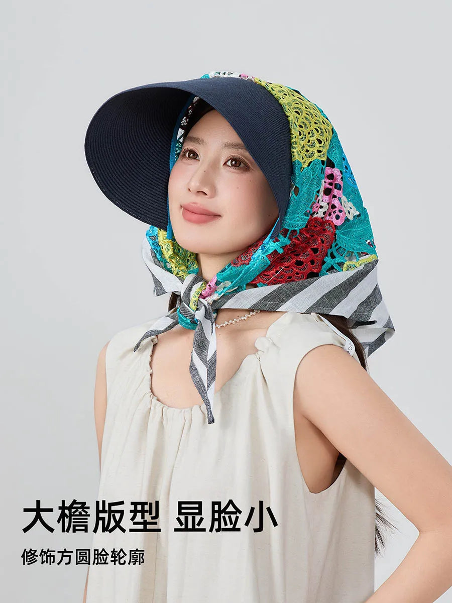 Japan Customize Women UV Paper Straw Sun Hat Hollow Lace Embroidered Headscarf Wide Brim Beach Visor Cap Summer Leisure Travel