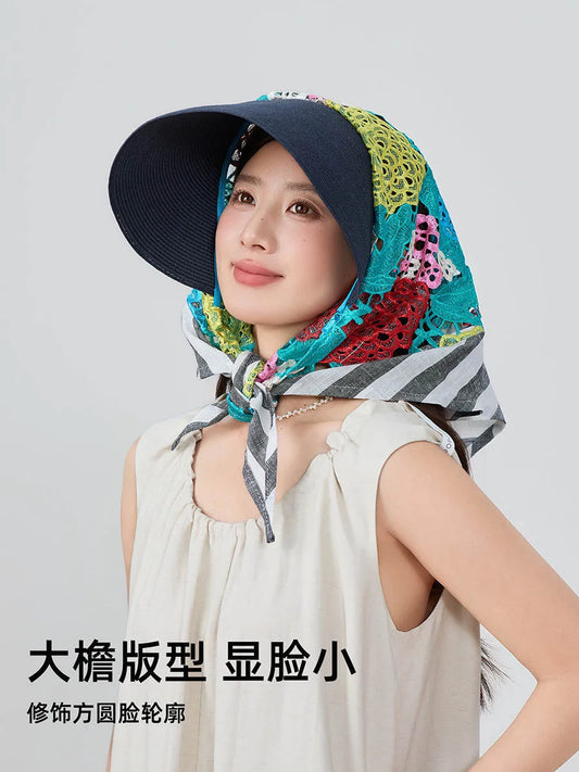 Japan Customize Women UV Paper Straw Sun Hat Hollow Lace Embroidered Headscarf Wide Brim Beach Visor Cap Summer Leisure Travel