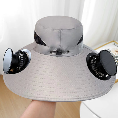 Outdoor Summer Sun Hat With 2 Fan Large Brim Windproof Strap Solar Or USB Charging Anti UV Sun Fishing Cap