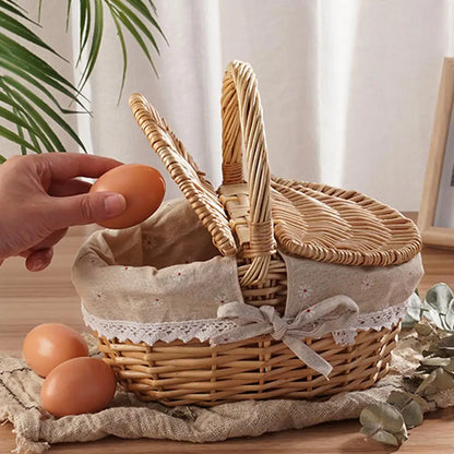 Handmade Willow Picnic Basket With Lid And Handle Washable Lining Willow Storage Basket Suitable For Outdoor Camping