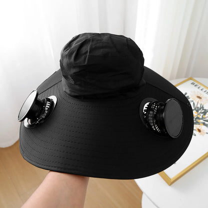 Outdoor Summer Sun Hat With 2 Fan Large Brim Windproof Strap Solar Or USB Charging Anti UV Sun Fishing Cap