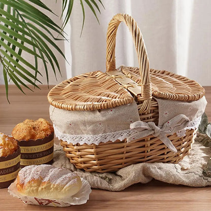 Handmade Willow Picnic Basket With Lid And Handle Washable Lining Willow Storage Basket Suitable For Outdoor Camping