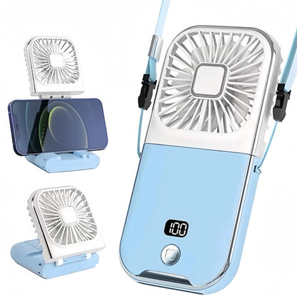 Folding handheld fan USB charging digital display outdoor mini neck hanging power bank fan，gift