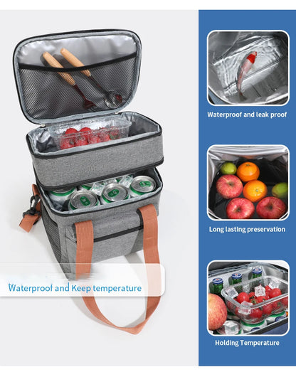 Thermal Lunch Bag Double Layers Large Capacity Lunch Boxes Bags Portable Crossbody Picnic Food Drink Storage Bag Cooler Tote New