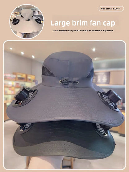 Outdoor Summer Sun Hat With 2 Fan Large Brim Windproof Strap Solar Or USB Charging Anti UV Sun Fishing Cap