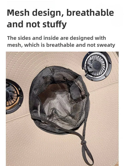 Outdoor Summer Sun Hat With 2 Fan Large Brim Windproof Strap Solar Or USB Charging Anti UV Sun Fishing Cap