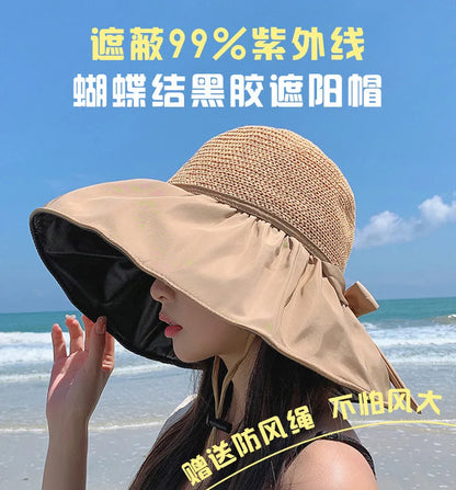 Summer Sun hat women's straw woven anti ultraviolet 2025 with big brim seaside black glue breathable Bucket hat umbrella hat