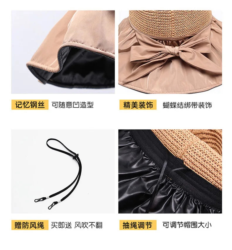 Summer Sun hat women's straw woven anti ultraviolet 2025 with big brim seaside black glue breathable Bucket hat umbrella hat
