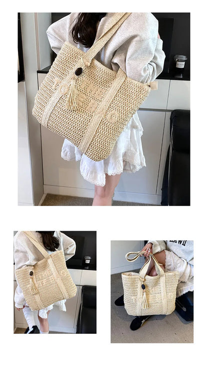 French style large capacity woven straw woven bag for women, new beach vacation shoulder bag, casual commuting tote bag