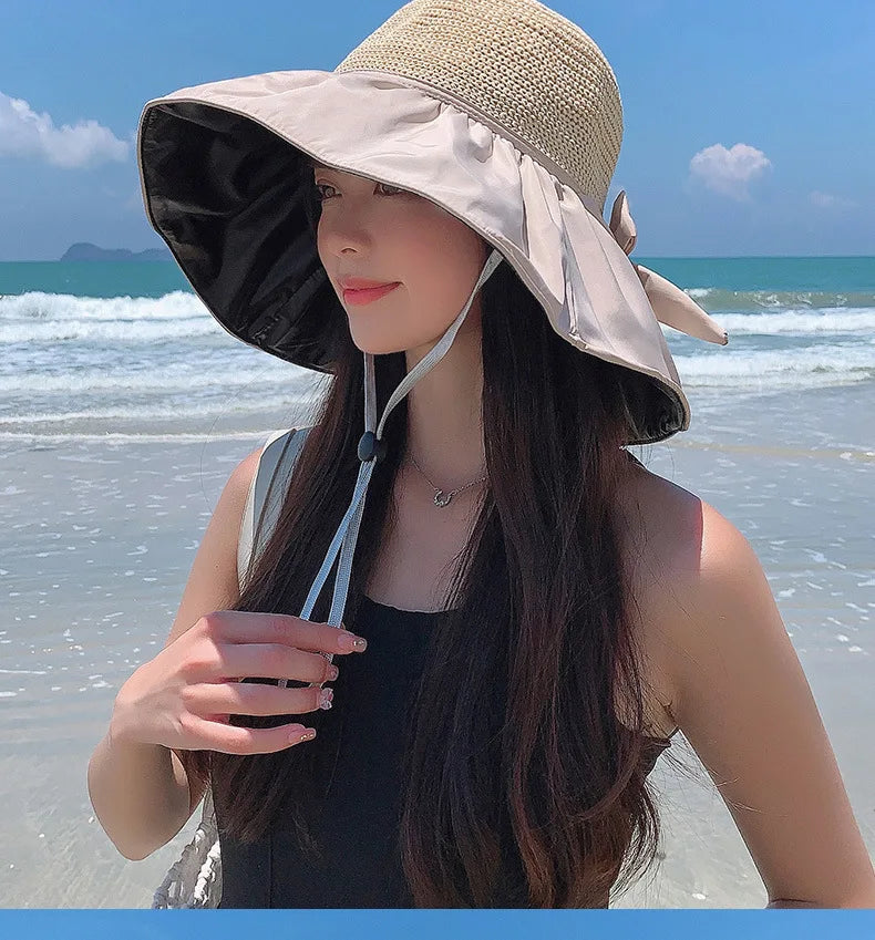 Summer Sun hat women's straw woven anti ultraviolet 2025 with big brim seaside black glue breathable Bucket hat umbrella hat