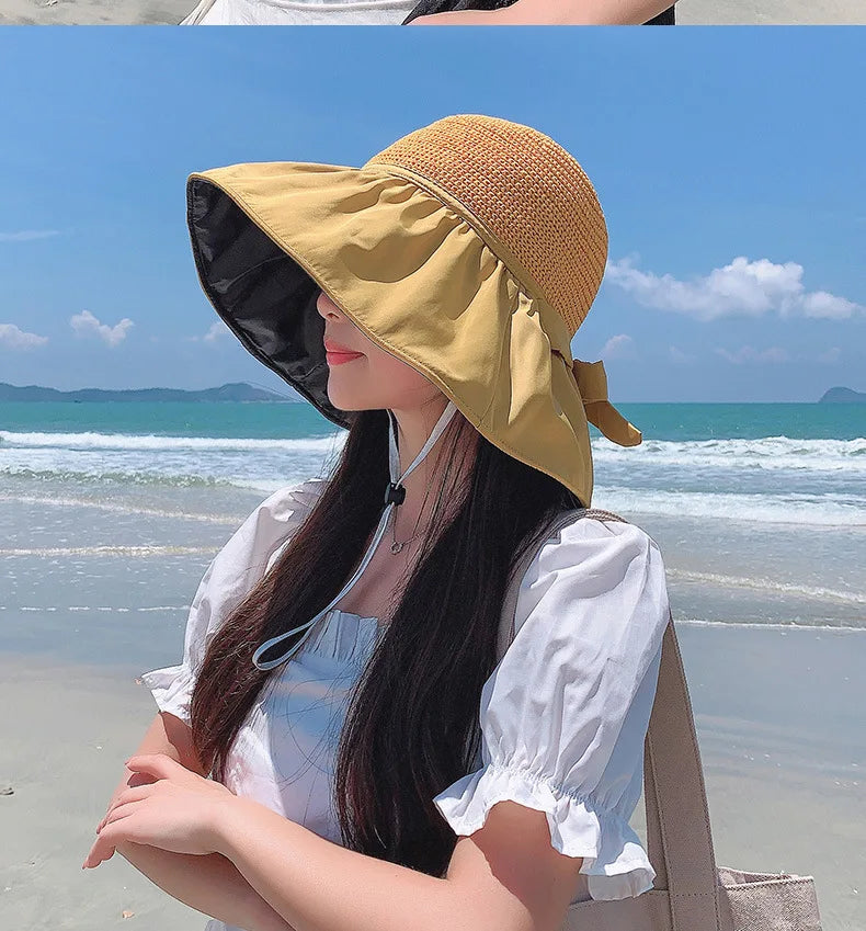 Summer Sun hat women's straw woven anti ultraviolet 2025 with big brim seaside black glue breathable Bucket hat umbrella hat