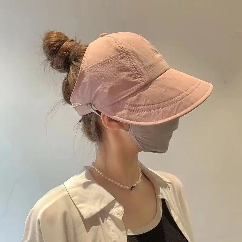 1× Foldable Wide Brim Ponytail Sun Hat Summer Autumn Outgoing UV Protection Bucket Hat for Women Fisherman Caps with Mask Button