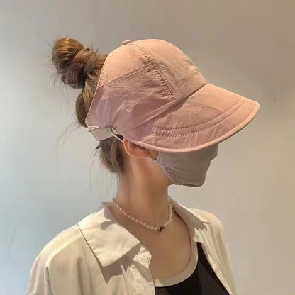 1× Foldable Wide Brim Ponytail Sun Hat Summer Autumn Outgoing UV Protection Bucket Hat for Women Fisherman Caps with Mask Button