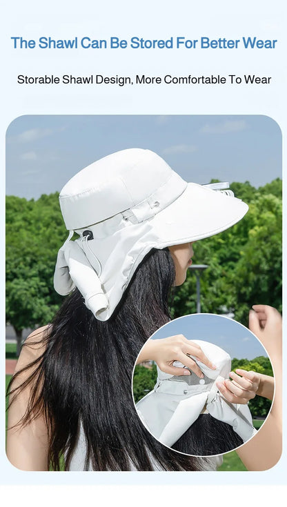 Women Wide Brim Solar Fan Sun Hat Integrated Face Shield Shawl Design UV Protection Fisherman Cap Outdoor Breathable
