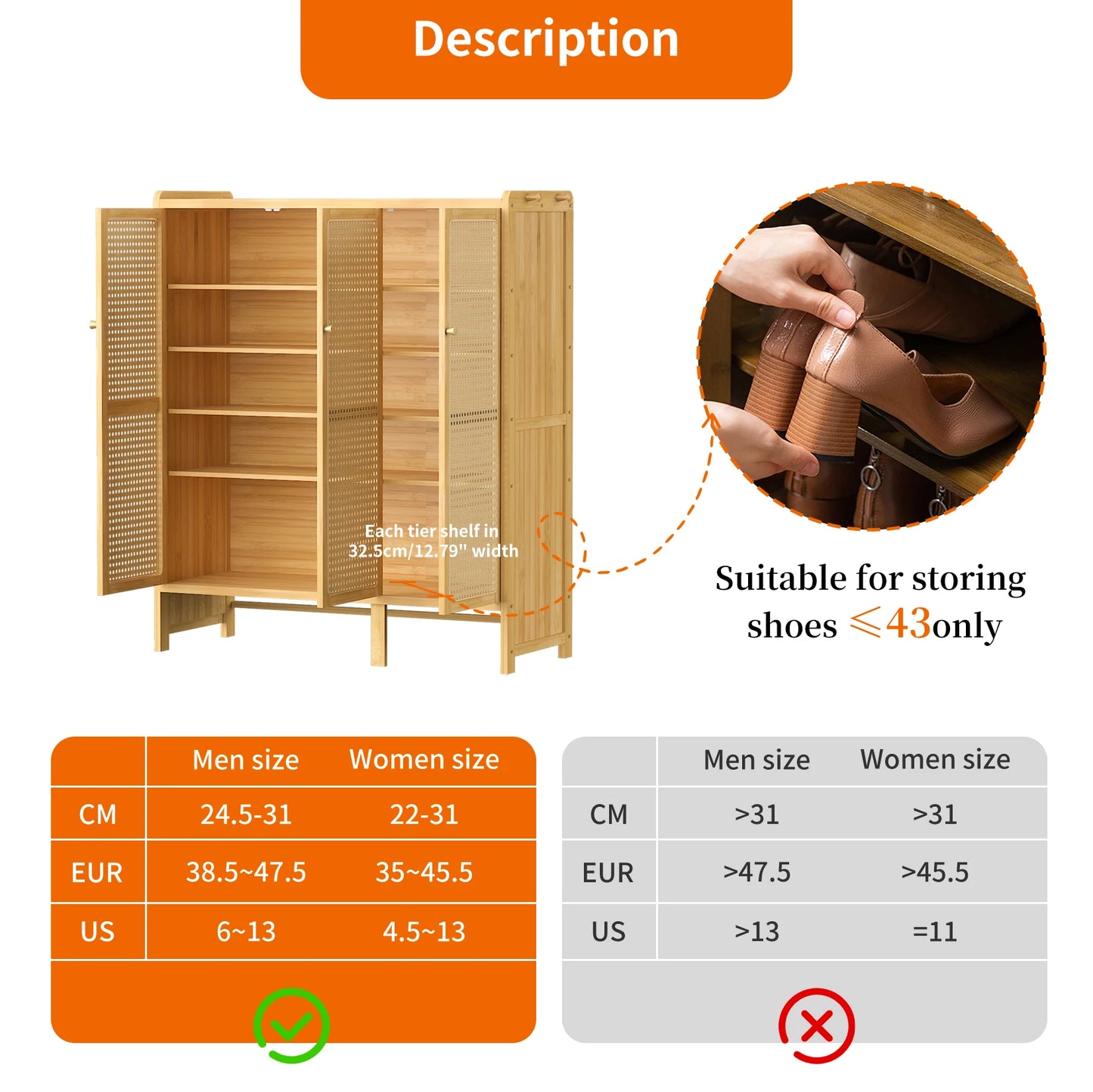 Bamboo Shoes Rack Organizer Cabinet with Doors and 6 Tiers Shelves for for Entryway Hallway