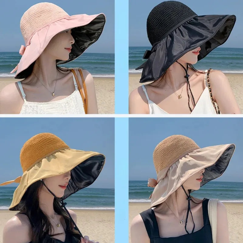Summer Sun hat women's straw woven anti ultraviolet 2025 with big brim seaside black glue breathable Bucket hat umbrella hat