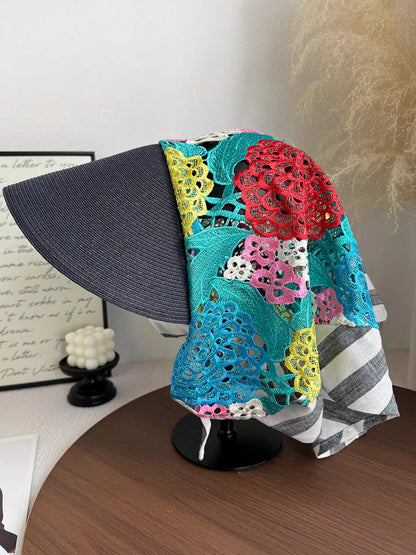 Japan Customize Women UV Paper Straw Sun Hat Hollow Lace Embroidered Headscarf Wide Brim Beach Visor Cap Summer Leisure Travel