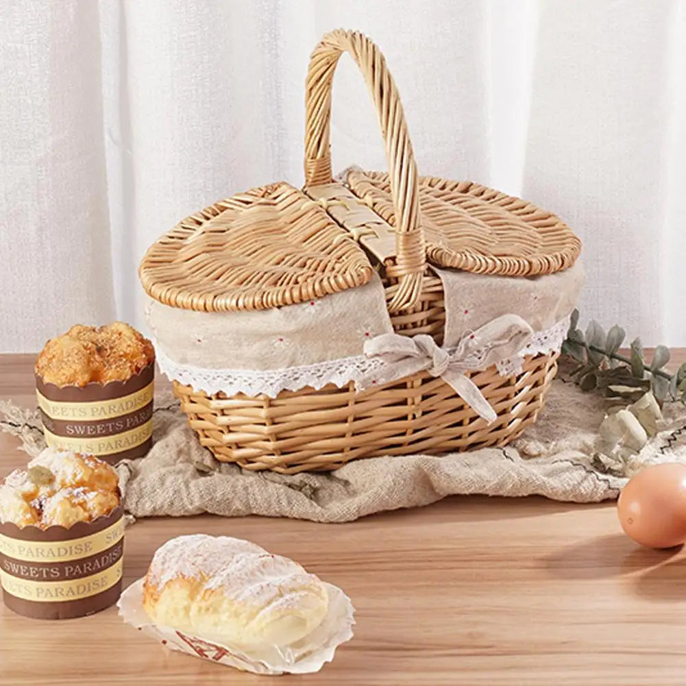 Handmade Willow Picnic Basket With Lid And Handle Washable Lining Willow Storage Basket Suitable For Outdoor Camping