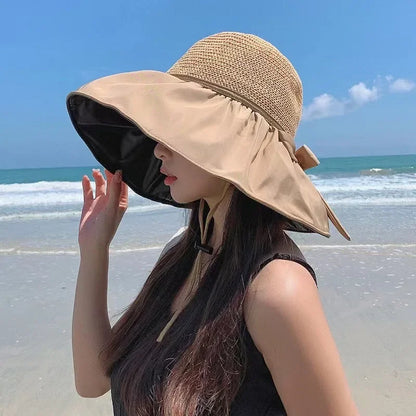Summer Sun hat women's straw woven anti ultraviolet 2025 with big brim seaside black glue breathable Bucket hat umbrella hat