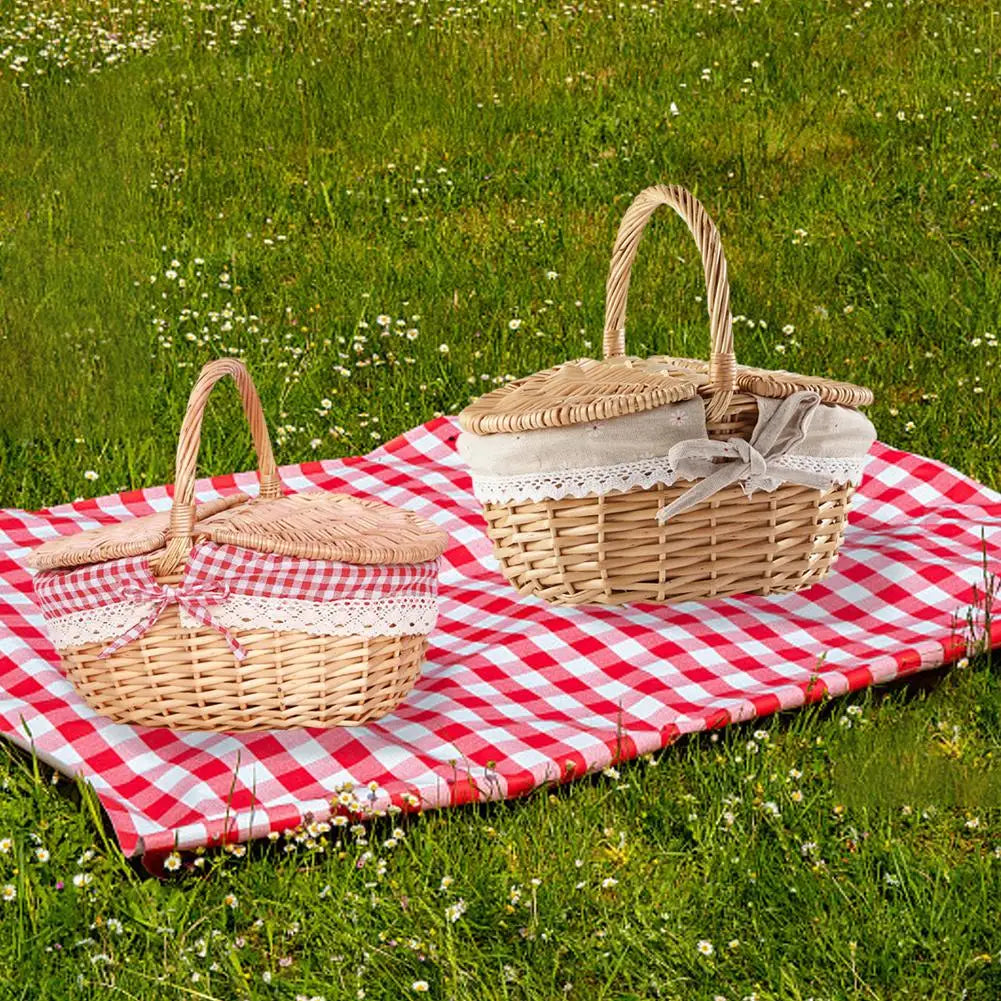 Handmade Willow Picnic Basket With Lid And Handle Washable Lining Willow Storage Basket Suitable For Outdoor Camping