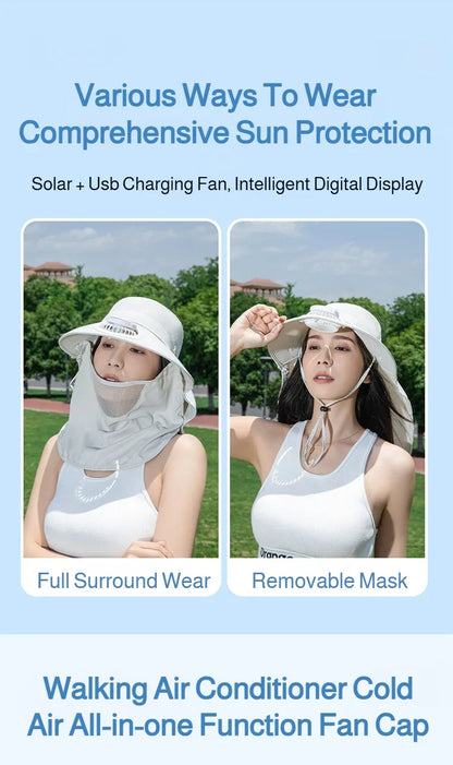 Women Wide Brim Solar Fan Sun Hat Integrated Face Shield Shawl Design UV Protection Fisherman Cap Outdoor Breathable