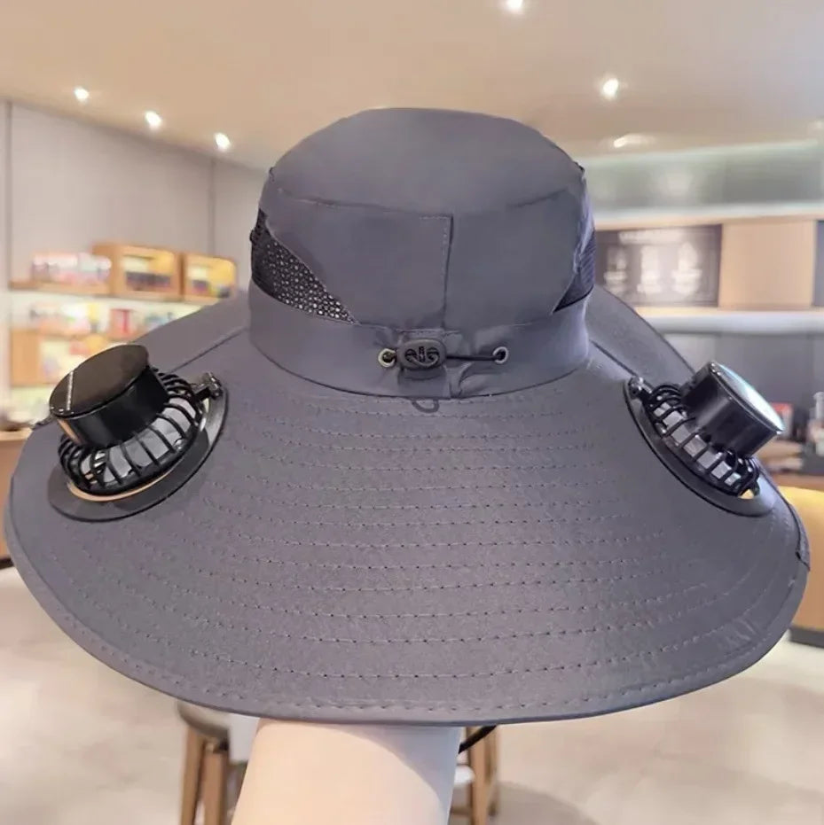 Outdoor Summer Sun Hat With 2 Fan Large Brim Windproof Strap Solar Or USB Charging Anti UV Sun Fishing Cap