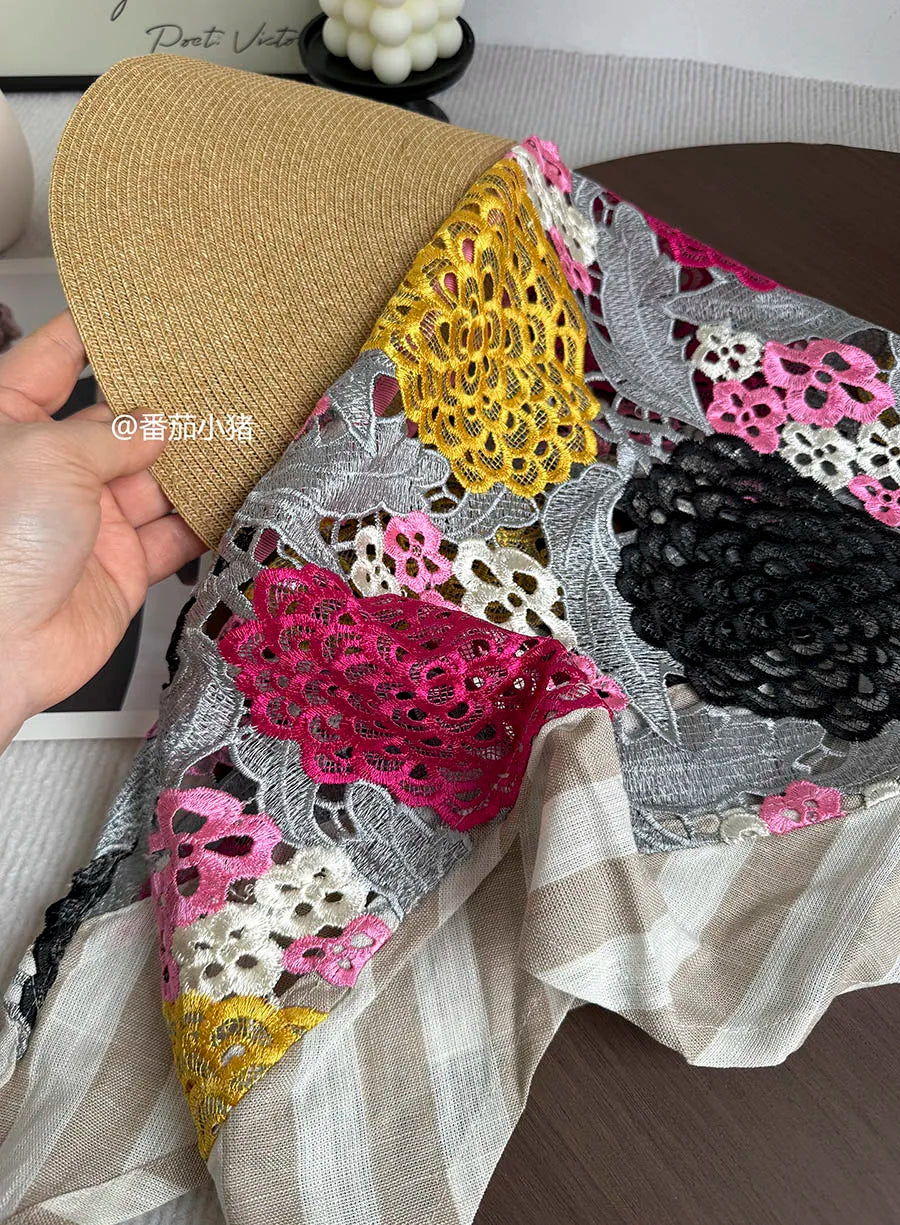 Japan Customize Women UV Paper Straw Sun Hat Hollow Lace Embroidered Headscarf Wide Brim Beach Visor Cap Summer Leisure Travel