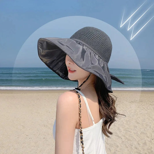 Summer Sun hat women's straw woven anti ultraviolet 2025 with big brim seaside black glue breathable Bucket hat umbrella hat