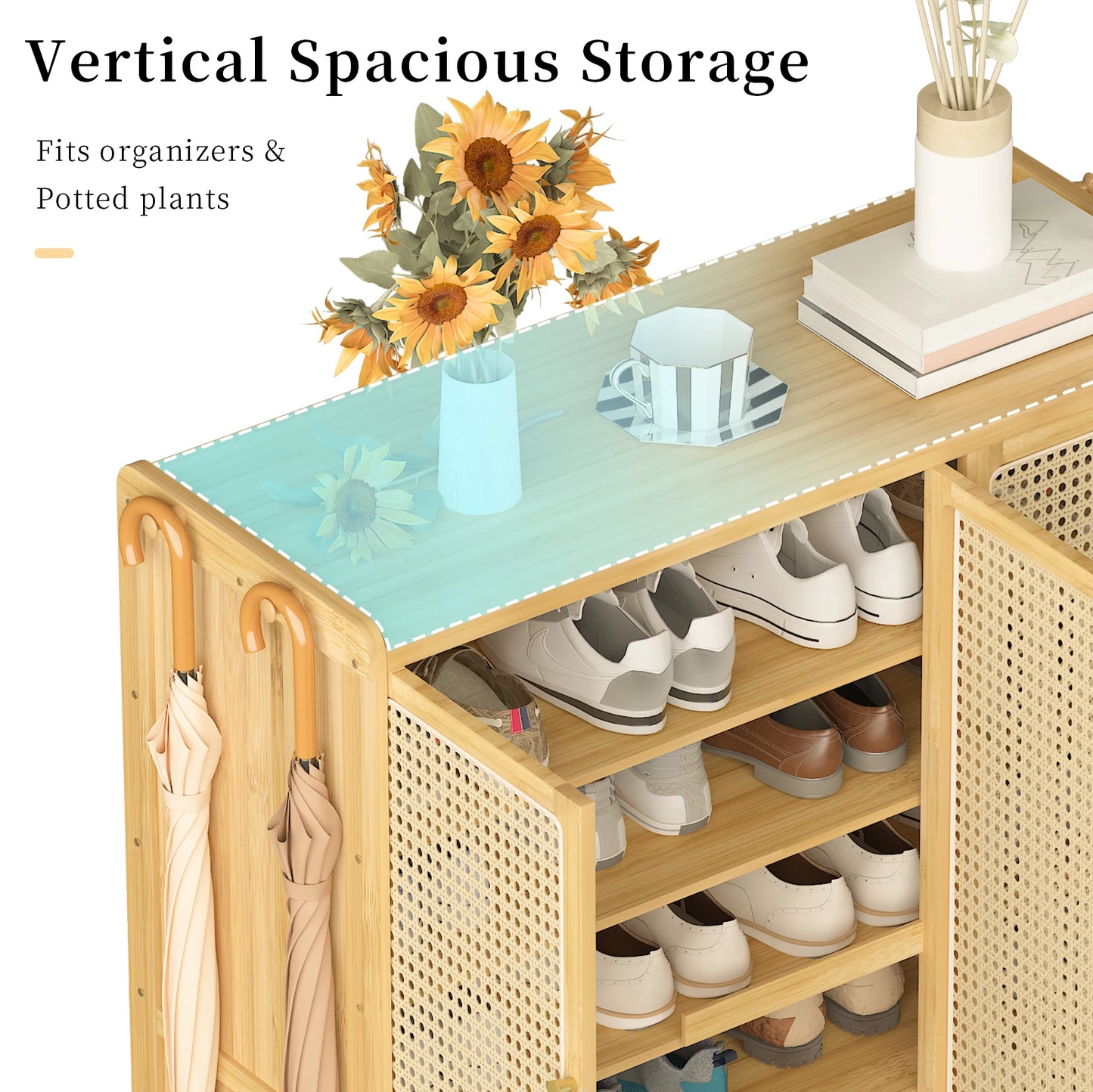 Bamboo Shoes Rack Organizer Cabinet with Doors and 6 Tiers Shelves for for Entryway Hallway