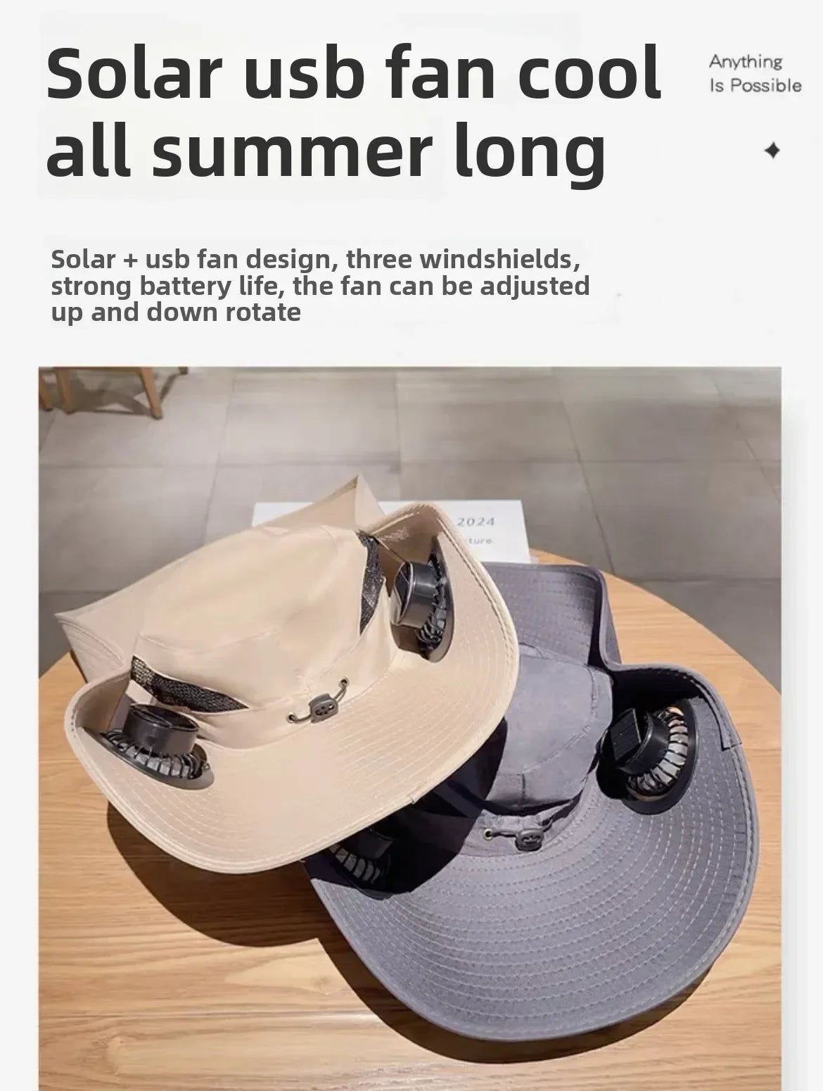 Outdoor Summer Sun Hat With 2 Fan Large Brim Windproof Strap Solar Or USB Charging Anti UV Sun Fishing Cap