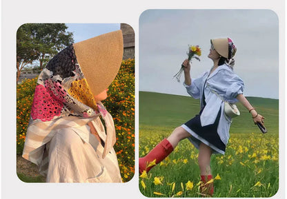 Japan Customize Women UV Paper Straw Sun Hat Hollow Lace Embroidered Headscarf Wide Brim Beach Visor Cap Summer Leisure Travel