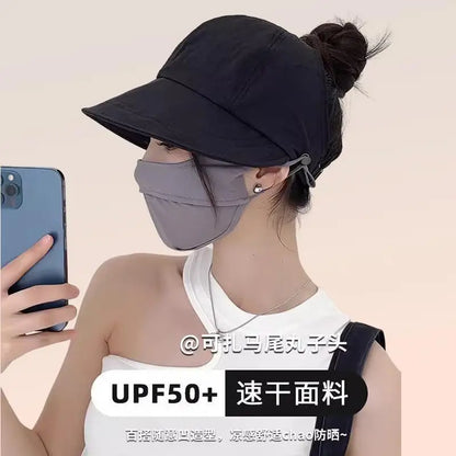 1× Foldable Wide Brim Ponytail Sun Hat Summer Autumn Outgoing UV Protection Bucket Hat for Women Fisherman Caps with Mask Button