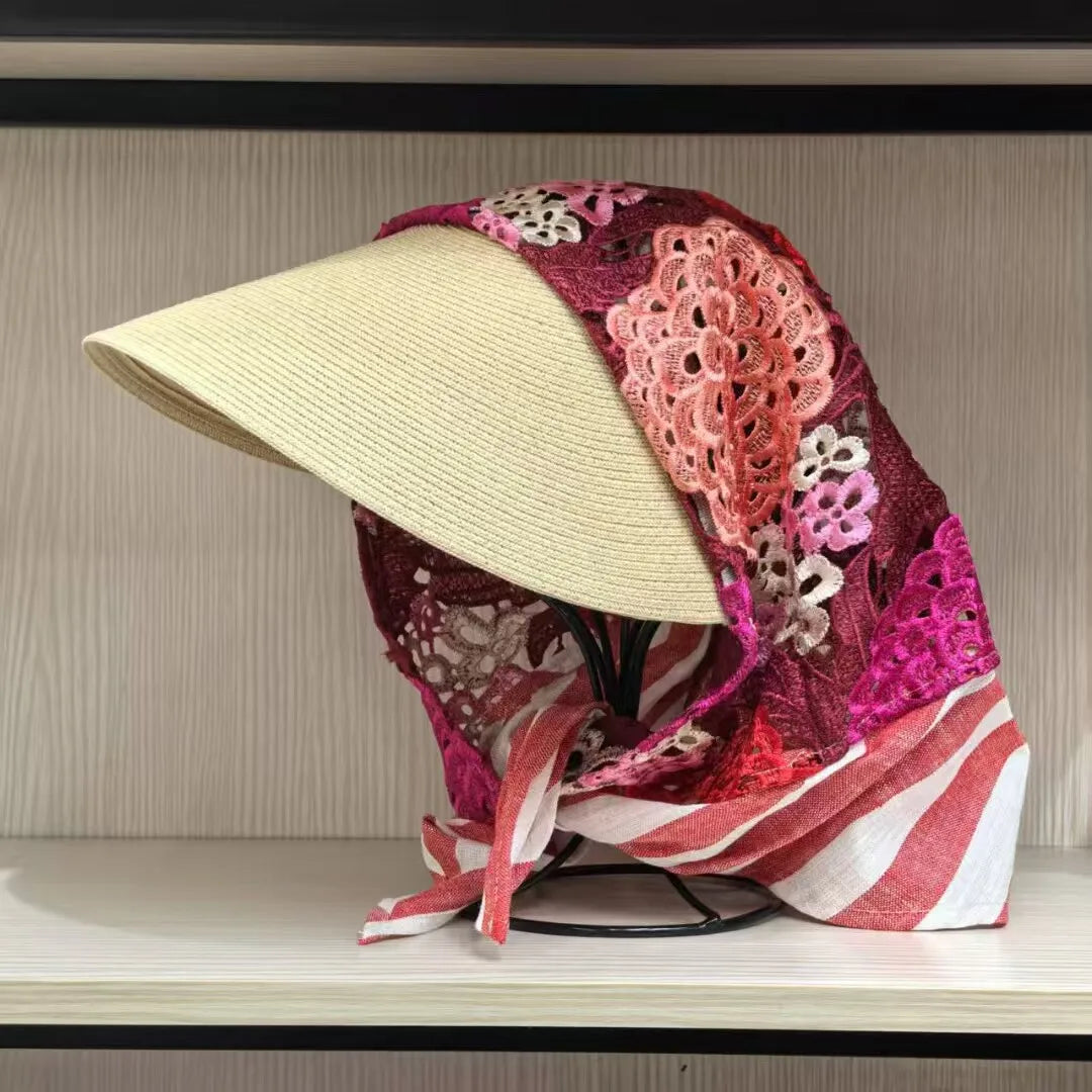 Japan Customize Women UV Paper Straw Sun Hat Hollow Lace Embroidered Headscarf Wide Brim Beach Visor Cap Summer Leisure Travel