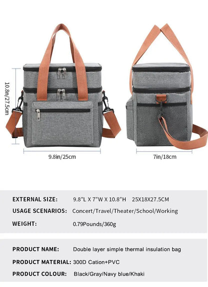 Thermal Lunch Bag Double Layers Large Capacity Lunch Boxes Bags Portable Crossbody Picnic Food Drink Storage Bag Cooler Tote New