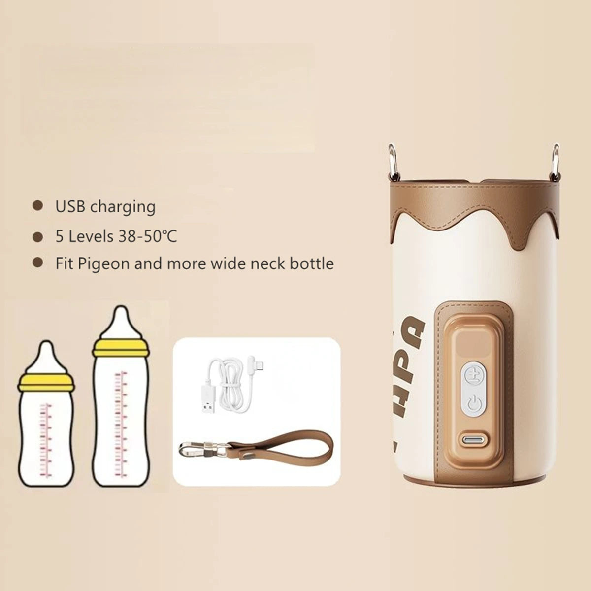 Portable Baby Bottle Warmer for Travel, USB Charging Bottle Warmer Sleeve, 5 Levels 38-50℃ Adjustable