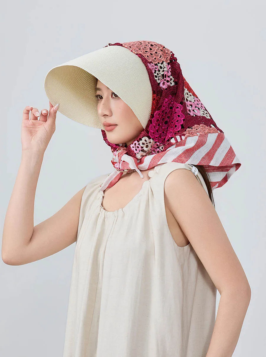 Japan Customize Women UV Paper Straw Sun Hat Hollow Lace Embroidered Headscarf Wide Brim Beach Visor Cap Summer Leisure Travel