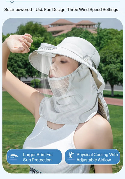 Women Wide Brim Solar Fan Sun Hat Integrated Face Shield Shawl Design UV Protection Fisherman Cap Outdoor Breathable
