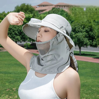 Women Wide Brim Solar Fan Sun Hat Integrated Face Shield Shawl Design UV Protection Fisherman Cap Outdoor Breathable
