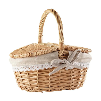 Handmade Willow Picnic Basket With Lid And Handle Washable Lining Willow Storage Basket Suitable For Outdoor Camping