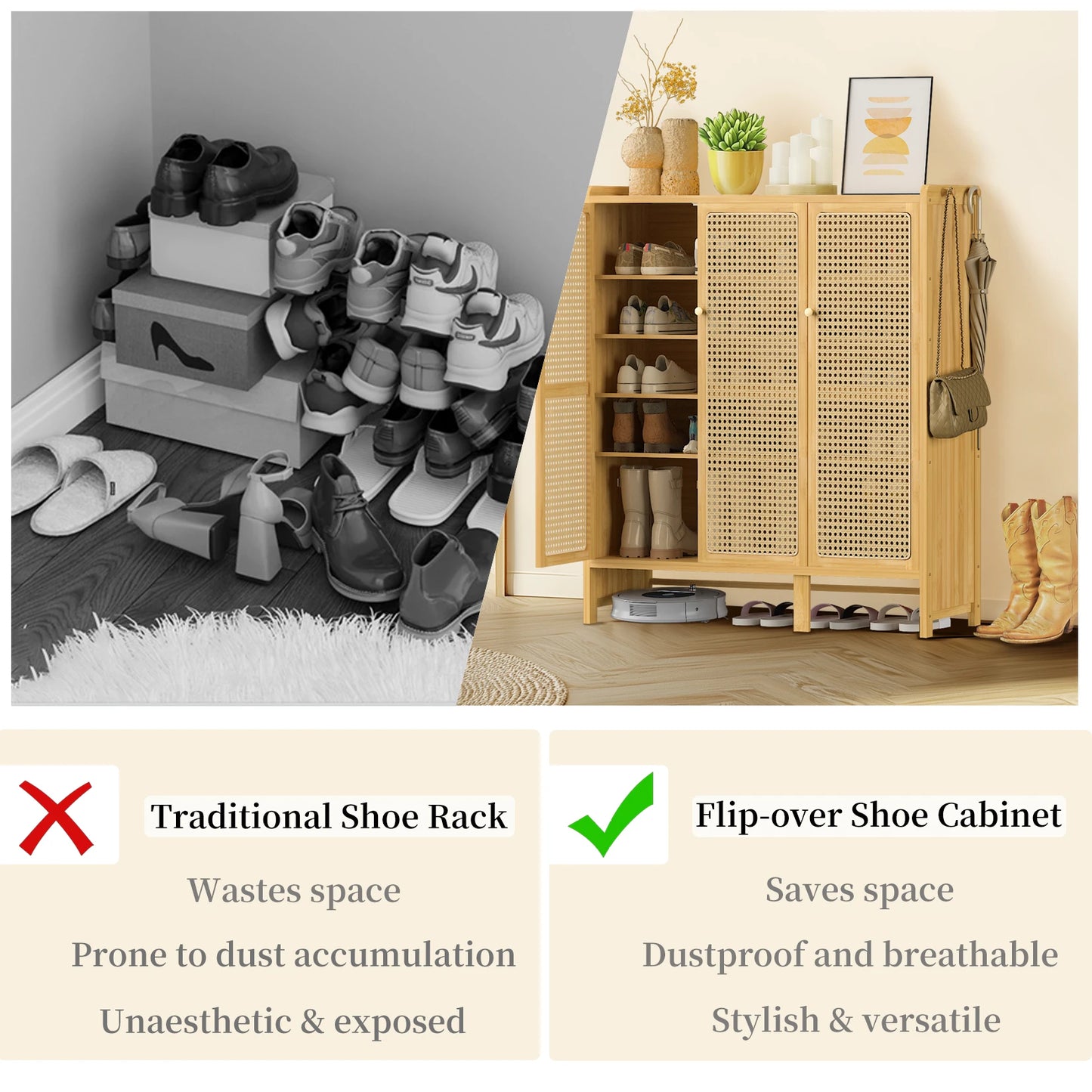 Bamboo Shoes Rack Organizer Cabinet with Doors and 6 Tiers Shelves for for Entryway Hallway