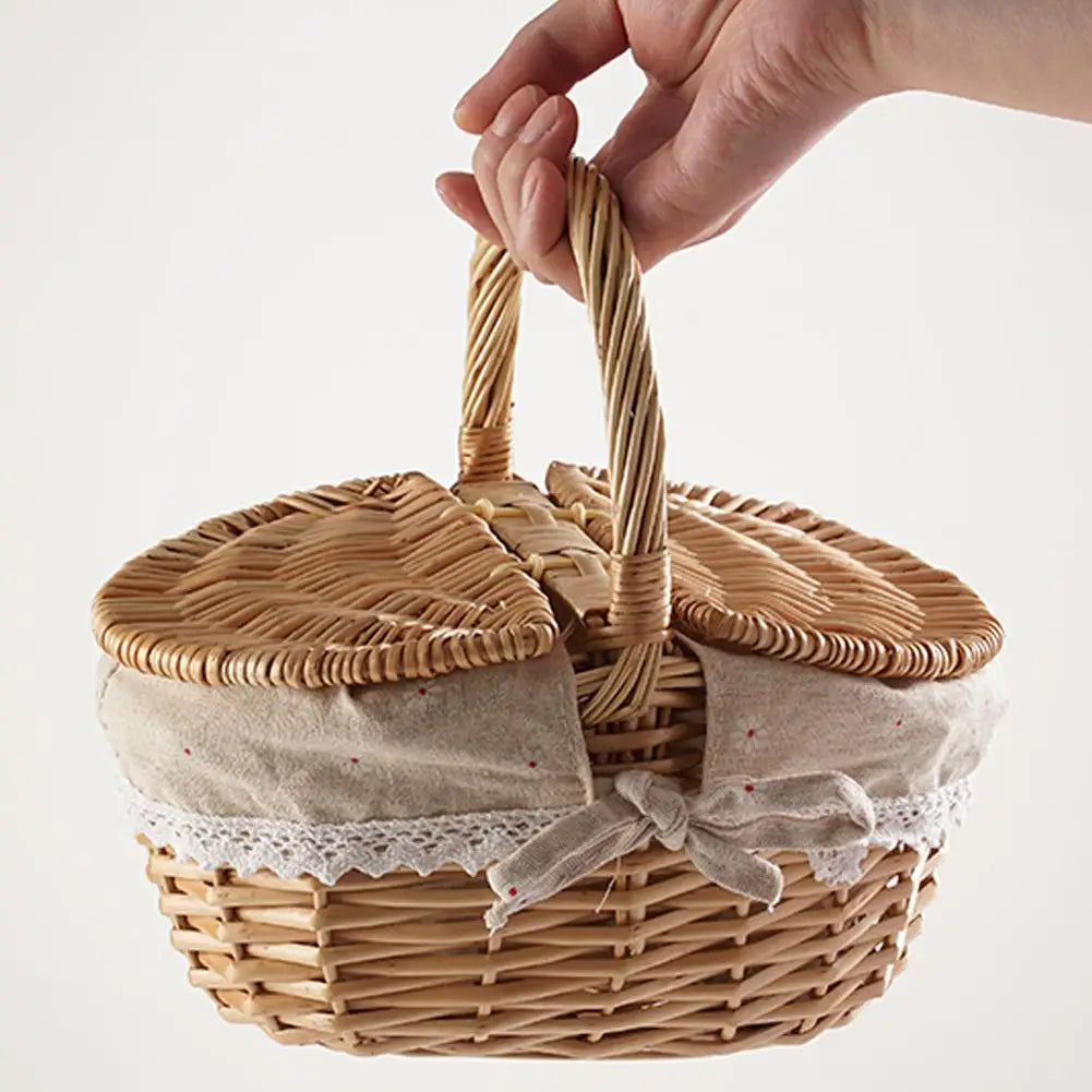 Handmade Willow Picnic Basket With Lid And Handle Washable Lining Willow Storage Basket Suitable For Outdoor Camping