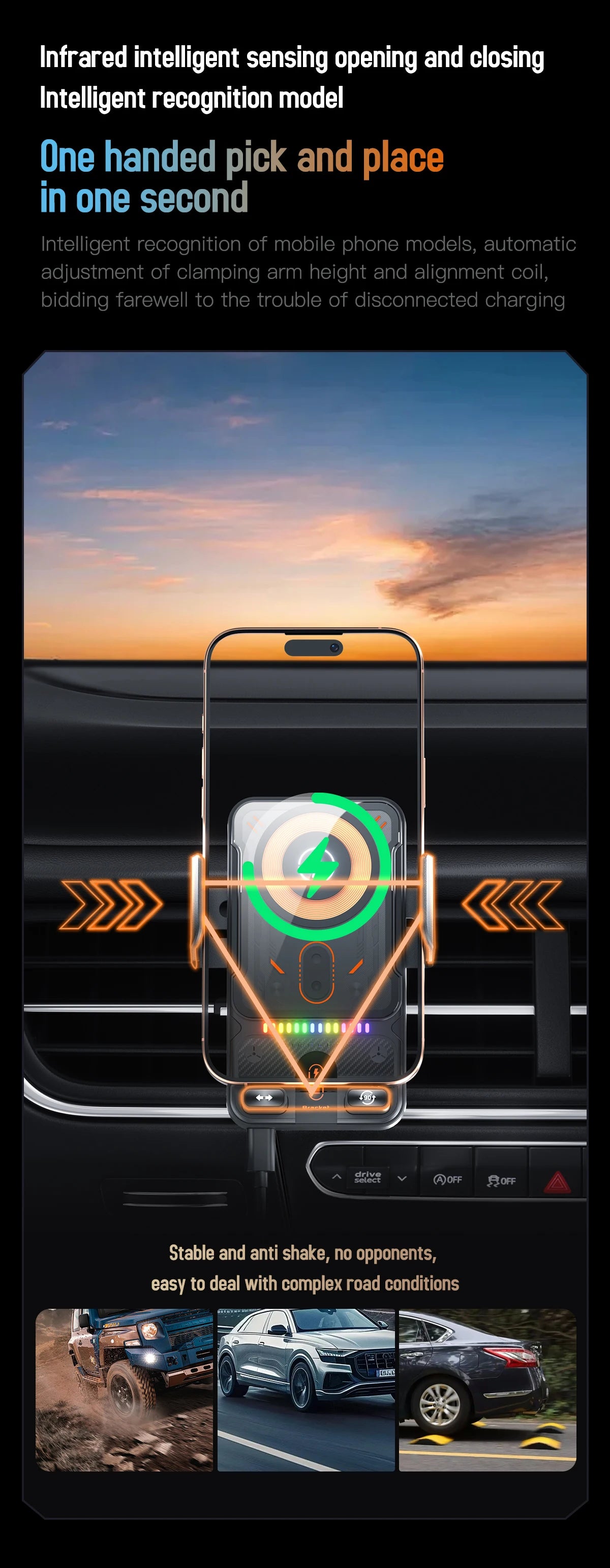 15W Wireless Charger Smart Induction Rotating Universal Car Mobile Phone Holder Air Outlet Clip For iPhone Samsung Xiaomi Huawei