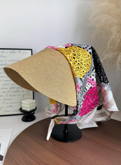 Japan Customize Women UV Paper Straw Sun Hat Hollow Lace Embroidered Headscarf Wide Brim Beach Visor Cap Summer Leisure Travel