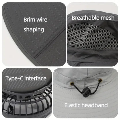 Outdoor Summer Sun Hat With 2 Fan Large Brim Windproof Strap Solar Or USB Charging Anti UV Sun Fishing Cap