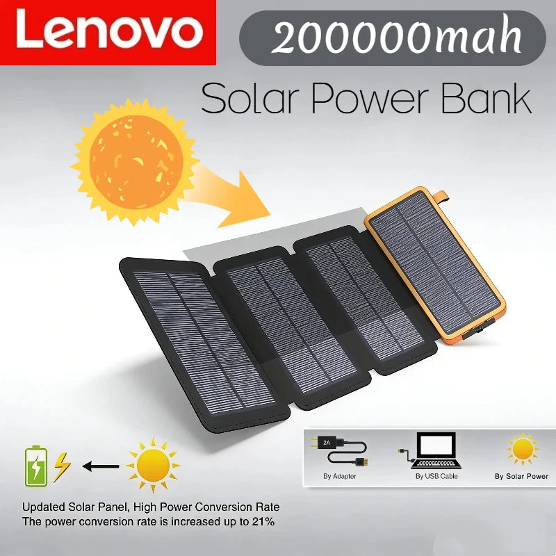 Lenovo Solar Power Bank 200000mAh 4 Solar Panels Wireless Charger Portable External Battery LED Flashlight for Outdoor Travel