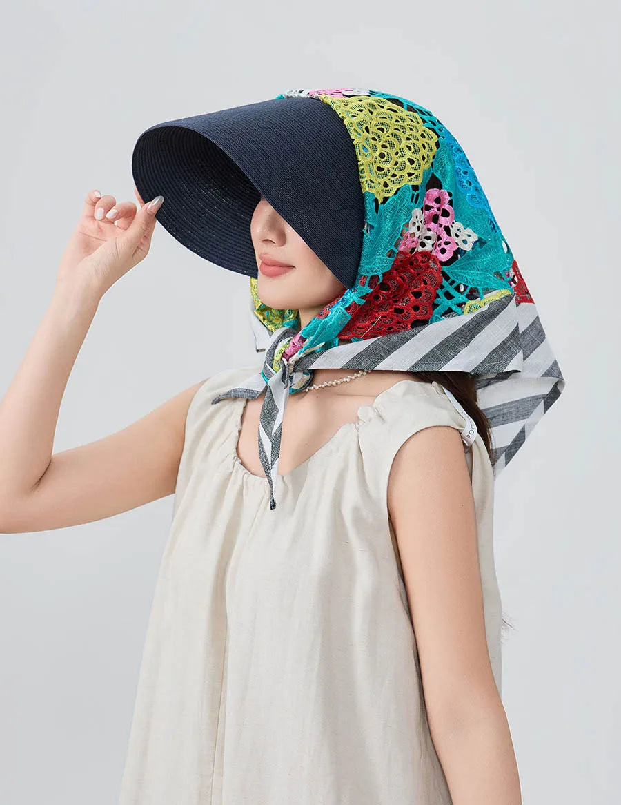 Japan Customize Women UV Paper Straw Sun Hat Hollow Lace Embroidered Headscarf Wide Brim Beach Visor Cap Summer Leisure Travel