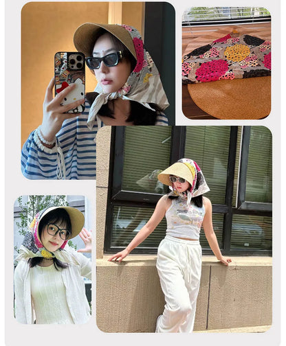 Japan Customize Women UV Paper Straw Sun Hat Hollow Lace Embroidered Headscarf Wide Brim Beach Visor Cap Summer Leisure Travel