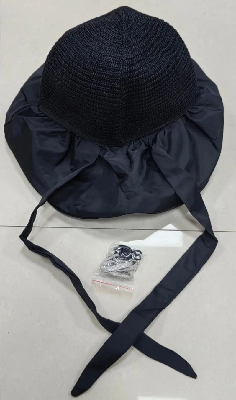 Summer Sun hat women's straw woven anti ultraviolet 2025 with big brim seaside black glue breathable Bucket hat umbrella hat